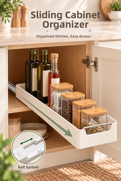 Rail-Mounted Cabinet Organizer - Multi-Purpose Organizer Shelf - Kitchen, Bathroom, Pantry Sliding Drawer - 34 cm