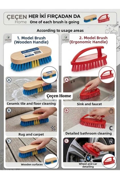 2-Piece Cleaning Brush Set: Wooden Hand Brush and Ergonomic-Handled Bathroom, Kitchen, and Rug Cleaning Brush with Stiff Bristles; Grout, Tile, and Floor Cleaning and Scrubbing Tool; Upholstery, Car, and Wheel Detail Cleaning Brush