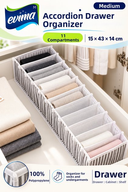 Medium 11-Compartment Accordion Drawer Organizer – Sock and Underwear Organizer 15 × 43 × 14 cm