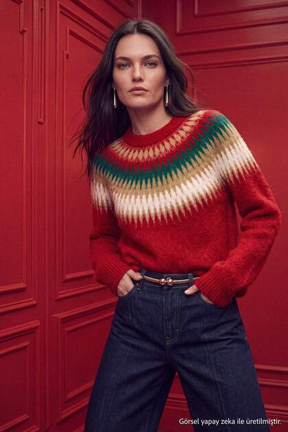 Red Christmas Themed Geometric Pattern Soft Textured Knitwear Sweater Twoaw27Kz00174