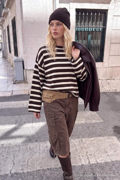 Kahverengi-Sarı Çizgili Yumuşak İspanyol Kol Oversize Triko Kazak TWOAW27KZ00343