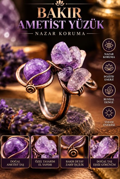 Ring Amethyst Pure Copper Adjustable Hand Craftsmanship (Positivity, Evil Eye, Protection)