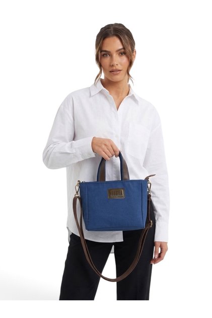 Mini Size Zippered Waxed Canvas Indigo Blue Handbag / Cross Strap