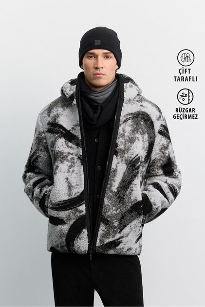 Men's Black Hooded Double-Sided Warm Windproof Plush Comfort Fit Coat A62Y6080