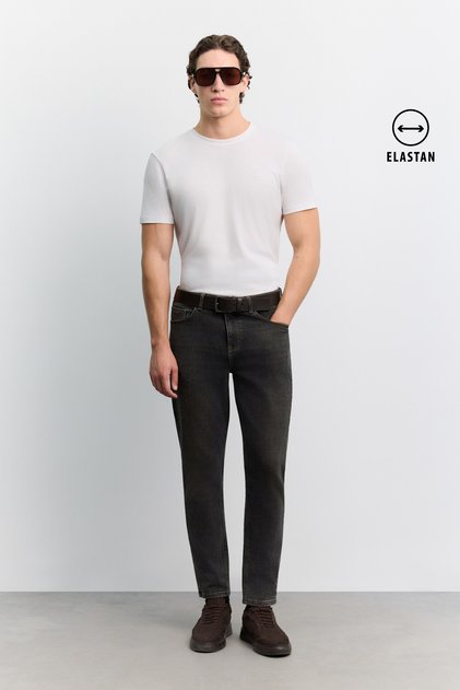 Men's Anthracite Antique Washed Cotton Elastane Madrid Comfort Slim Fit Jean Trousers A62Y3518