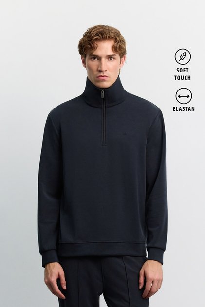 Men's Black Stand Collar Zippered Modal Blend Soft Touch Regular Fit Sweatshirt A62Y1271