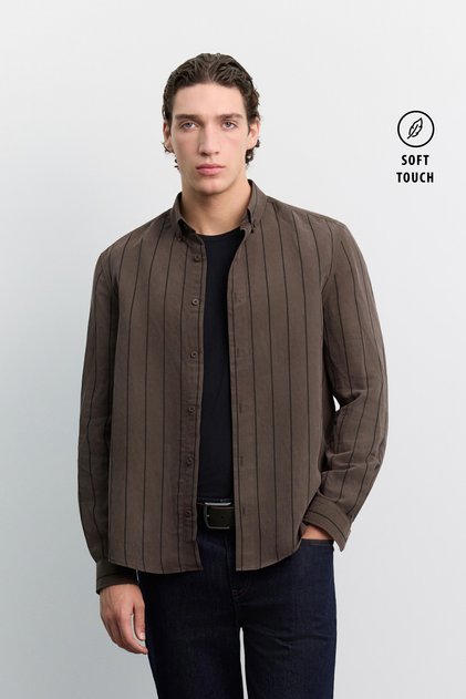 Men's Brown Bottomed Britli Striped Modal Blend Breathable Soft Touch Long Sleeve Regular Fit