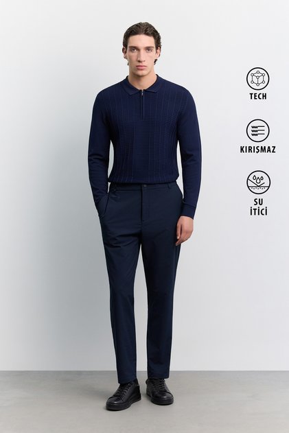 Men's Navy Blue Elastic Waist Anti-Wrinkle Water Repellent Technical Fabric Slim Fit Trousers A62Y3200
