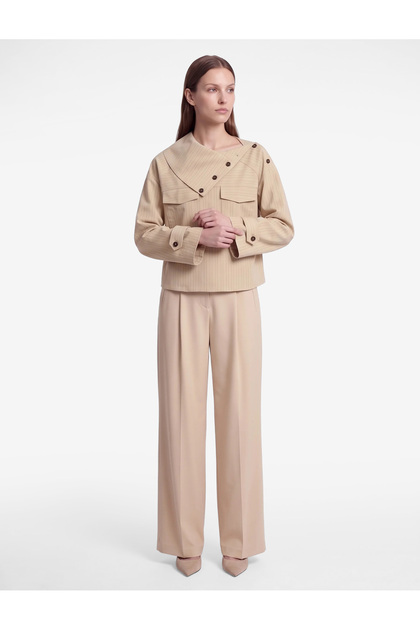 Viscose Fabric Long Sleeve Pocketed Asymmetrical Stand Collar Buttoned Striped Shirt