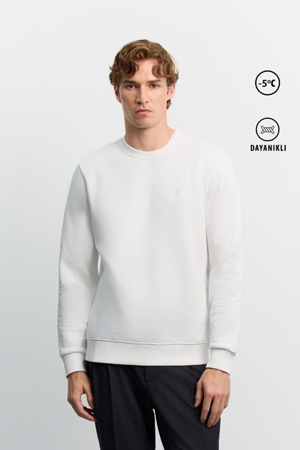 Men's White Crew Neck 3 Thread Threaded -5 Degree Resistant Regular Fit Sweatshirt A62Y1291