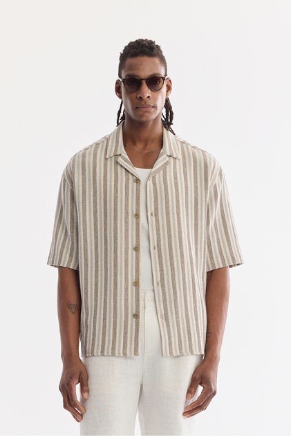 Men's Ecru Openwork Lapel Collar 100% Cotton Soft Touch Short Sleeve Comfort Fit Shirt A61Y2043