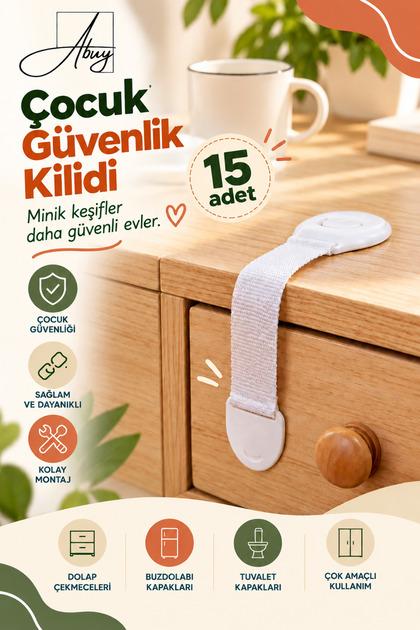 15’li Beyaz Bebek & Çocuk Çekmece Kilidi Delme Gerektirmez, Dolap & Çekmece Güvenlik Kilidi