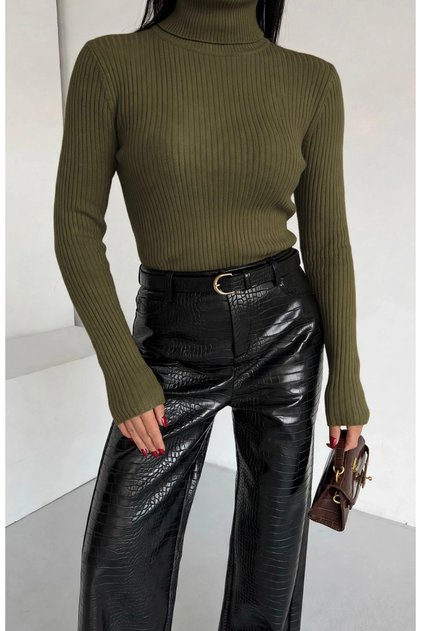 Khaki Green Thick Soft Textured Winter Cotton Turtleneck Slimfit High-Neck Sweater