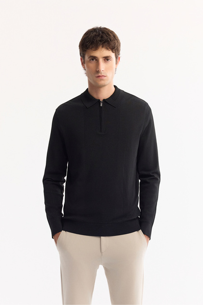 Erkek Siyah Polo Yaka Fermuarlı Rayon Tüylenmeyen Dokulu Triko Regular Fit Kazak A52Y5019