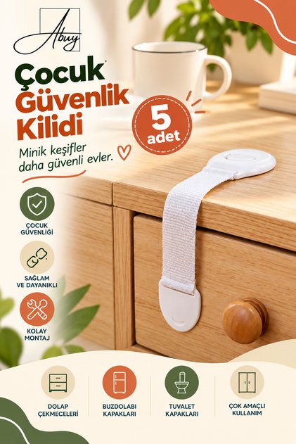 5-Piece White Baby & Child Drawer Lock No Drilling Required, Cabinet & Drawer Safety Lock