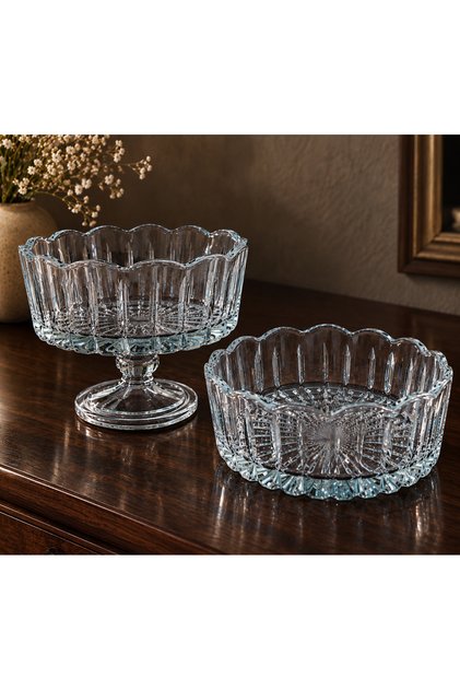 Cut Crystal Glass 2-Piece Presentation Bowl Set / 16cm with Foot -19 cm Without Foot. 100% Handcrafted