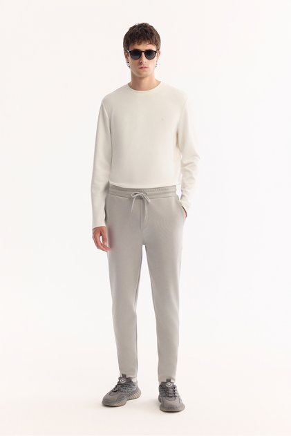 Men's Gray Elastic Waist Lace-Up Cotton Bi-Stretch Regular Fit Sweatpants A52Y3403