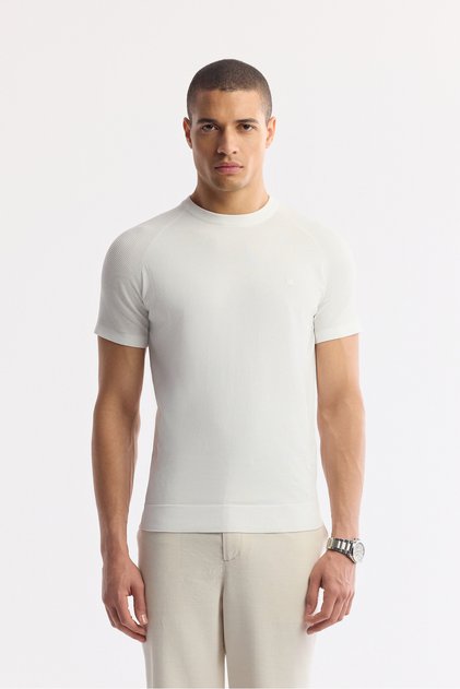 Men's Ecru Crew Neck Rayon Knitwear Regular Fit T-Shirt A51Y5005
