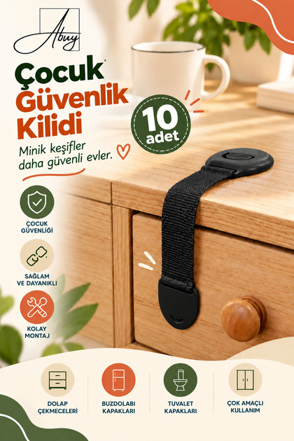 10'lu Siyah Bebek & Çocuk Çekmece Kilidi Delme Gerektirmez, Dolap & Çekmece Güvenlik Kilidi