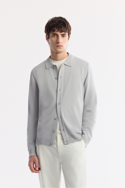 Men's Gray Polo Collar Buttoned Rayon Non-Pilling Knitwear Regular Fit Cardigan A51Y5008