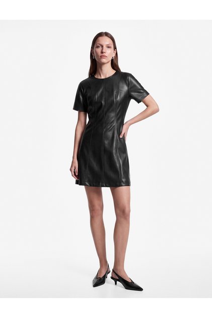 A-Line Faux Leather Mini Dress Short Sleeve Crew Neck