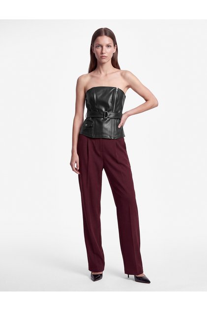Faux Leather Strapless Corset Bustier with Belt and Zipper