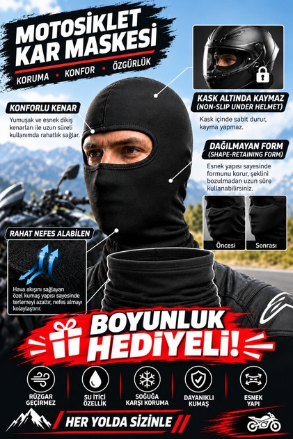 Motosiklet Kar Maskesi Siyah Balaklava – Soğuk Hava, Rüzgar ve Toz Koruyucu Kask Altı Maske