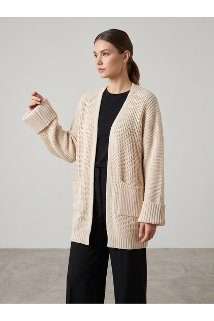 Women's Ribbed Off-Shoulder Knitwear with Roof Pockets Seasonal Cardigan