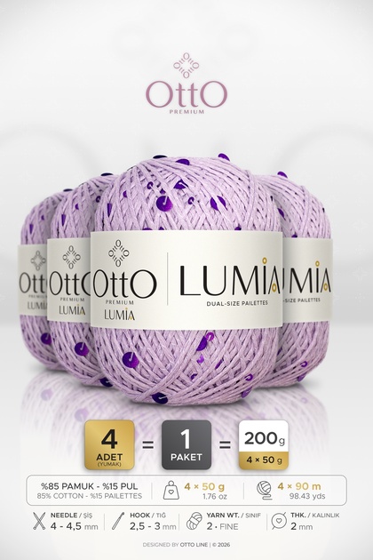 Lumia • Lilac-Purple Sequin (9432) • 4-Pack × 50 Gr / 90 m • 3+6 mm Double Size Sequin Knitting Yarn • Blouse, Shawl, Bandana