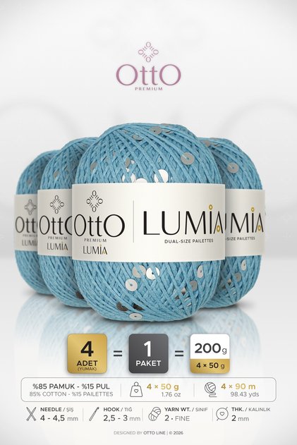 Lumia • Turquoise-Silver Sequin (9444) • 4-Pack × 50 Gr / 90 m • 3+6 mm Double Size Sequin Knitting Yarn • Blouse, Shawl, Bandana