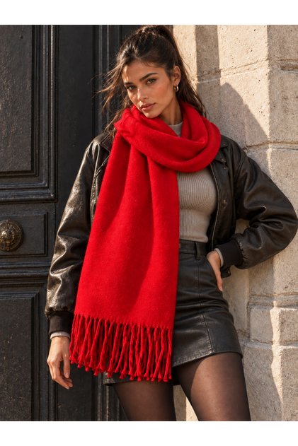 Red Tassel Scarf – Shawl and Wide Construction, Ideal for Cold Weather Sal1296