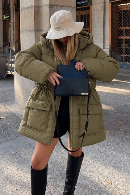 Women's Hooded, Drawstring-Waist, Long Puffer Coat with Large Pockets.