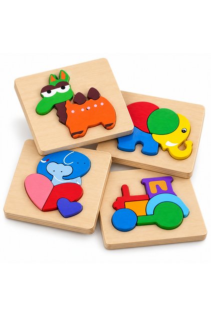 4'lü Ahşap Puzzle Seti Montessori Eğitici Kalın Parçalı Yapboz 15x15 cm Farklı Hayvan Modeller