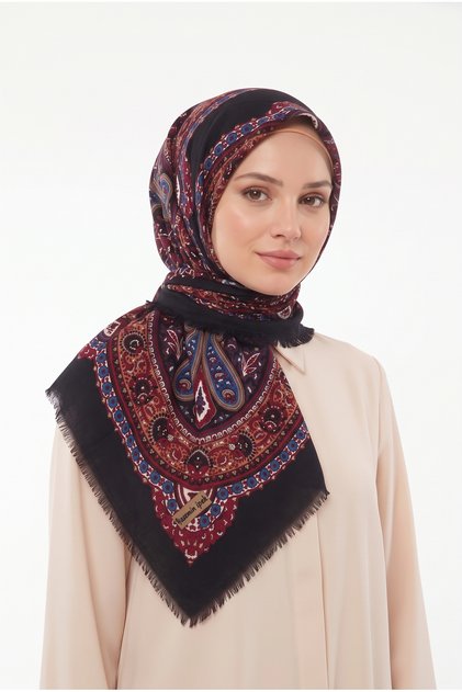 Women's Black Burgundy Ethnic Patterned Flared Scarf