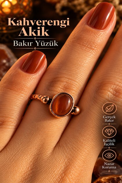 Copper Real Brown Agate Ring Adjustable Genuine 100% Copper and Natural Stone