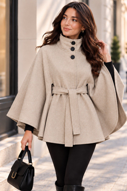 Women's Belted Buttoned Poncho Coat, Stand-Up Collar, Cape Style, Standard Size.