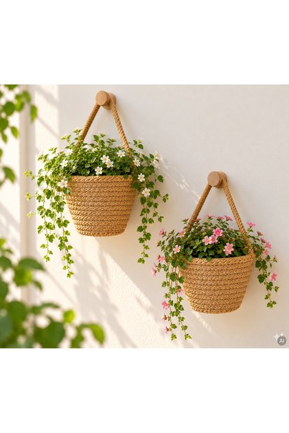 Basket Mini Decorative Basket 2-Piece Flower Pot (Plants and Wooden Hangers Not Included)