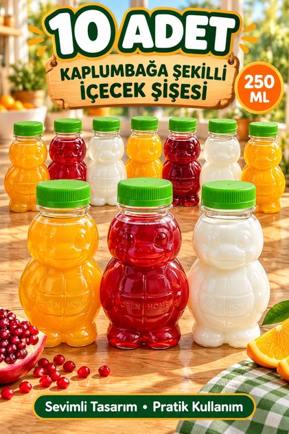 Set of 10 Transparent Turtle Bottles with Green Lids Pet Beverage Bottle Children's Nutrition Water Bottle 250 ml
