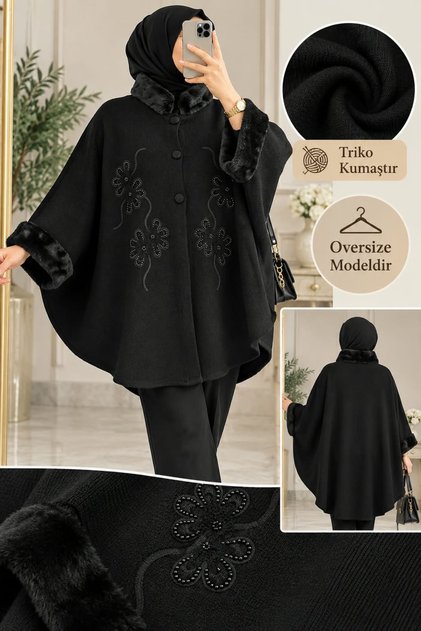 NOVEA SCARF İŞLEMELİ KÜRKLÜ TRİKO PANÇO
