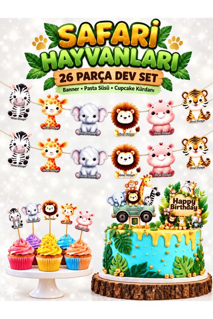 Kuromi54 Safari Animals Themed 26Pcs Giant Set Birthday Ornament Banner Cake Toothpick Cupcake