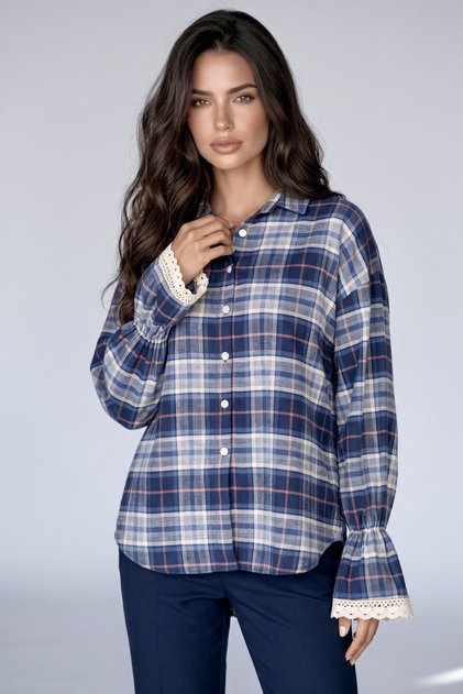 Women's Blue Plaid Oversized Shirt with Lace Detail, Long Sleeves, Relaxed Fit