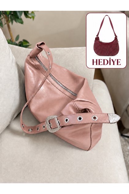 Kadın Pudra Soft Deri Omuz Çantası-Büyük Hacimli Metal Tokalı Günlük Çanta