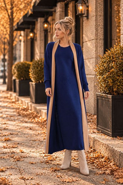 Women's Navy Blue Crew Neck Dress and Cardigan Hijab Top and Bottom Set