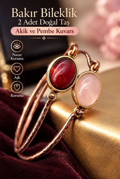 Bakır Saf 2 Adet Bileklik Pembe Kuvars , Akik Taşlı Gerçek Doğal Taş ( Nazar Aşk Kısmet Bereket )