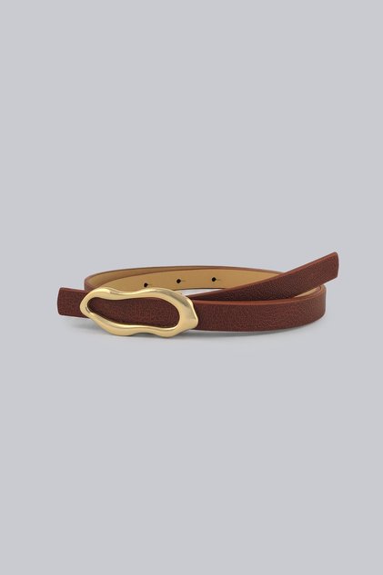 Abstract Ellipse Gold Buckle Brown Thin Women's Belt 1.5 cm