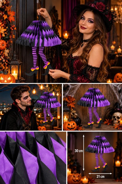 Halloween Mor Siyah Cadı Bacaklı Petek Süs 30x21 cm Cadılar Bayramı Asmalı Parti Dekor Aksesuarı