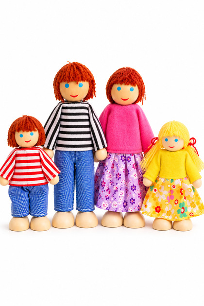4 Kişi Mutlu Aile Bebek Seti Ahşap Oynar Kukla