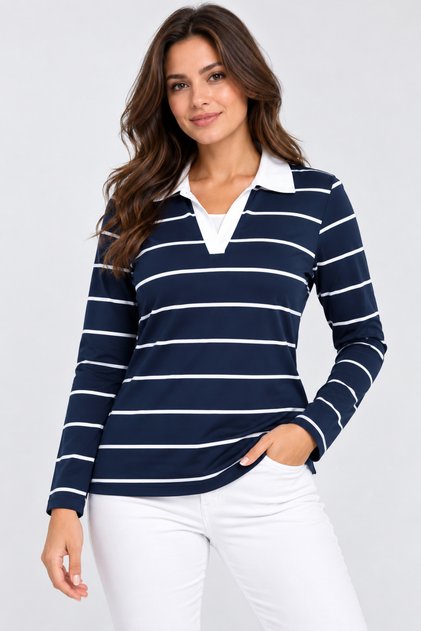 Plus Size Cotton Lycra V-Neck Basic Navy Blue Long Sleeve Blouse