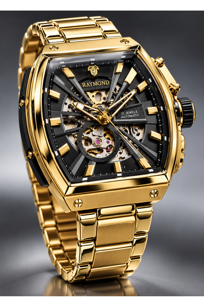 Rym-07094 Men's Wristwatch – Japanese Miyota Automatic Movement, 21 Jewels, Skeleton Dial, Gold Steel Band