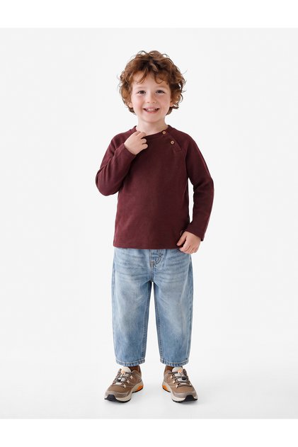 Cotton Crew Neck Long Sleeve Buttoned Sweatshirt
